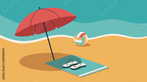 A beach scene with a red umbrella, a towel with flip flops, and a volleyball near the ocean waves