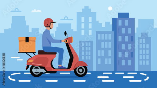 A delivery man riding a scooter with a package in a city with buildings and a light blue background