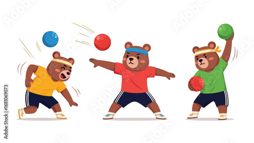 Playful Bears in Action: Witness the lively competition as energetic bears engage in a thrilling dodgeball match, filled with vibrant colors and a sense of fun, rendered in an animated style.