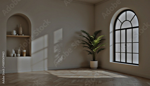An interior view of a room with a plant, arched window, and a shelf with decorative items