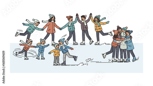 Winter Joy on Ice: A joyful scene of children ice skating together on a crisp winter day. They are holding hands and laughing, while others show the excitement of winter season. 