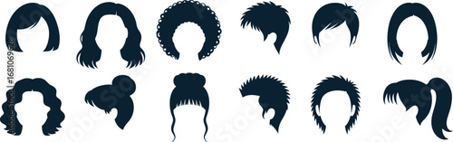 Diverse Hair Styles Set Silhouettes: Modern & Classic Male Female Hairstyles for Avatars, Character Design, and Wig Concept Graphics
