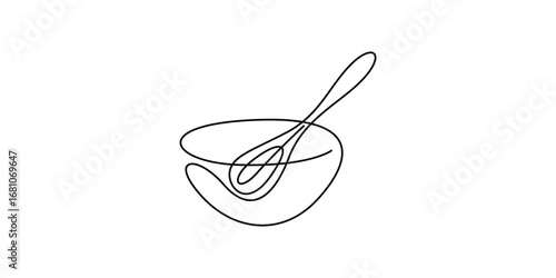 Single continuous line drawing bowl and spoon. Isolated on white background vector illustration