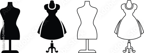 Black mannequin dress form icon set, tailoring dummy vector collection and fashion design tool group style, includes sewing torso, clothing display, garment stand