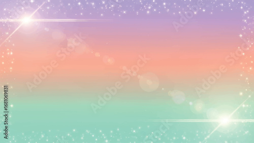 A dreamy, ethereal background with a soft pastel gradient of purple, pink, and green, adorned with sparkling glitter and bright lens flares, creating a magical and whimsical atmosphere