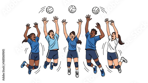Volleyball Game Moment: Capturing the dynamic moment of a volleyball game, with players launching the ball high, showcasing athleticism, teamwork, and the spirit of competition.