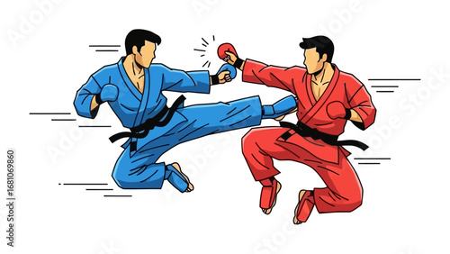 Martial Arts Showdown: Two martial artists locked in intense combat, their movements frozen mid-action. Each combatant, garbed in vibrantly colored attire, showcases their dedication, agility.