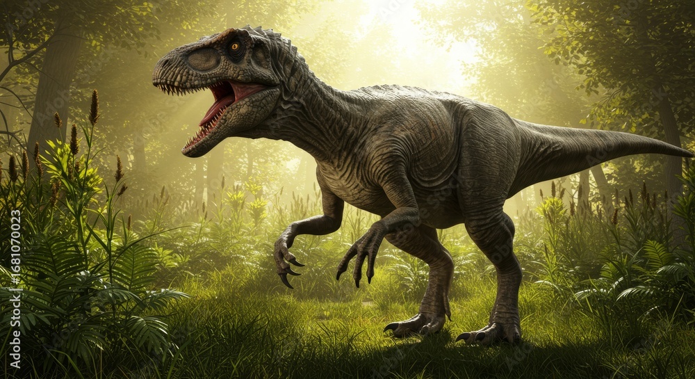 Fototapeta premium Prehistoric Predator - Tyrannosaurus Rex in Lush Primeval Forest.