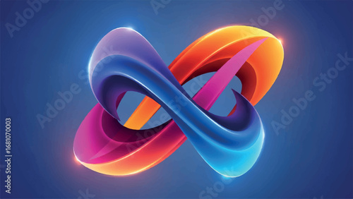 Abstract infinity symbol or mobius strip rendered in smooth, gradient colors of purple, blue, orange, and pink on a gradient blue background, symbolizing eternity and continuity