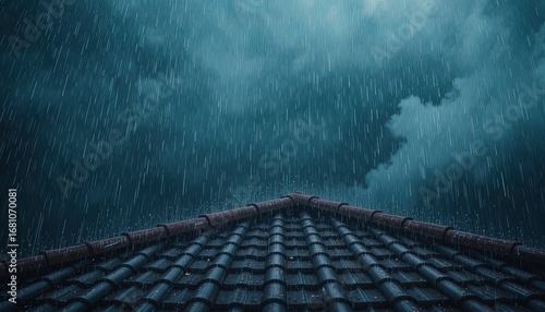 A dark, dramatic view of heavy rain falling onto a tile roof, showcasing a strong weather pattern.