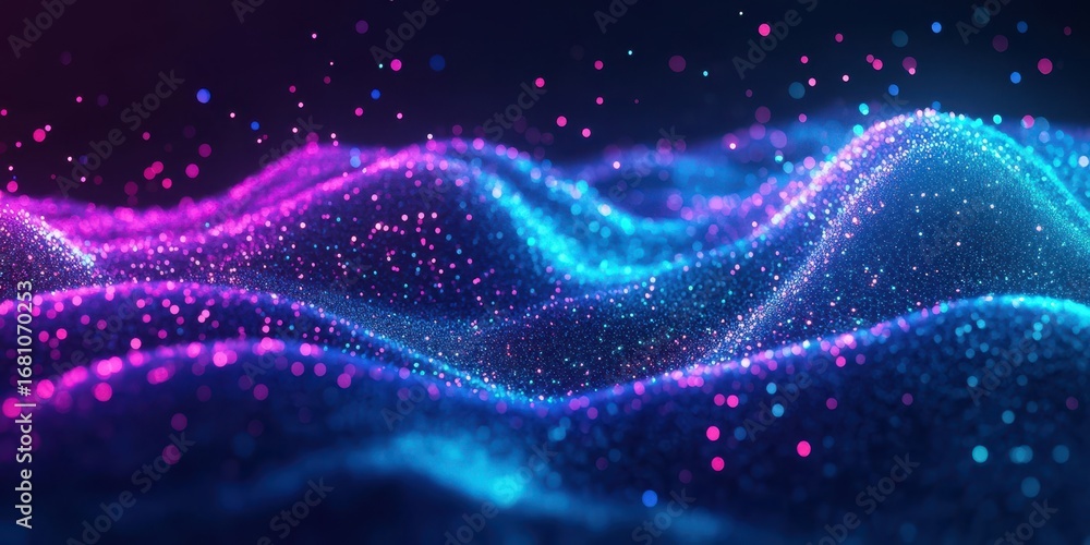 Fototapeta premium Abstract Digital Landscape of Blue and Pink Glowing Particles and Waves background