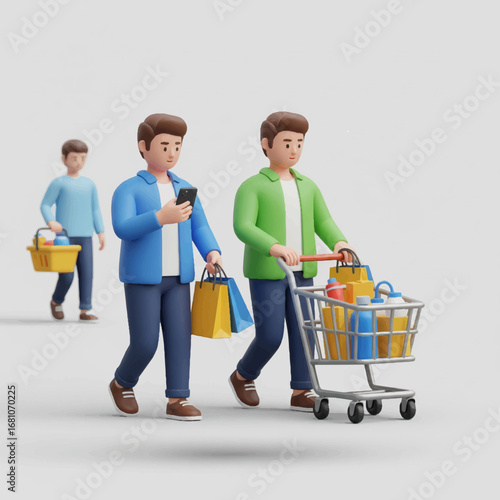 A happy family of shoppers pushes a cart through a grocery store aisle