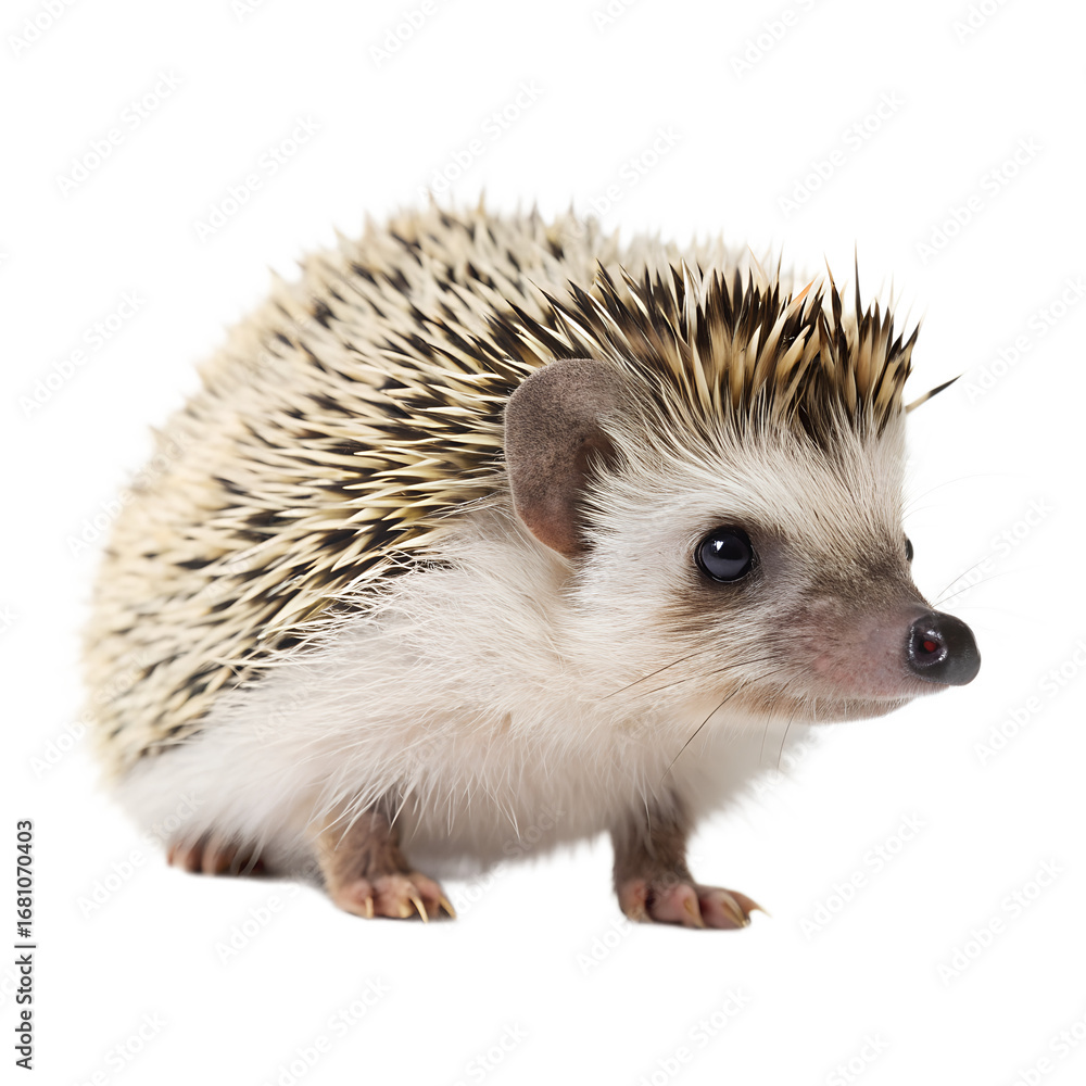 Naklejka premium A beautiful hedgehog with light brown and white quills stands looking right, isolated perfectly on a clean transparent background.