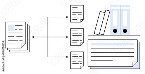 Files distributed into sub-documents alongside folders and bookshelves. Ideal for archiving, data management, documentation, filing, record-keeping, workflow, storage. Simple flat metaphor