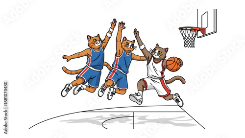 Cat Basketball Players in Action: A dynamic illustration showcases three athletic cats in basketball uniforms, one of them skillfully scoring.