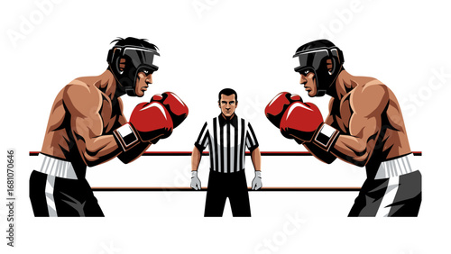 Boxing Match with Referee: A dynamic illustration captures the intensity of a boxing match, with two skilled fighters facing off in the ring, under the watchful eye of a referee.