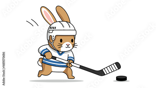 Hockey Bunny: A whimsical illustration of a determined bunny, sporting a hockey uniform and helmet, expertly maneuvering a puck on the ice.