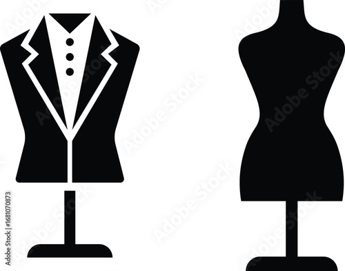Black mannequin dress form icon set, tailoring dummy vector collection and fashion design tool group style, includes sewing torso, clothing display, garment stand