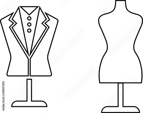 Black mannequin dress form icon set, tailoring dummy vector collection and fashion design tool group style, includes sewing torso, clothing display, garment stand