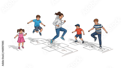 Joyful Hopscotch Adventure: Children engaging in a cheerful game of hopscotch, a vibrant display of outdoor recreation and innocent fun.