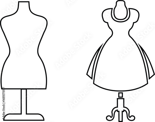 Black mannequin dress form icon set, tailoring dummy vector collection and fashion design tool group style, includes sewing torso, clothing display, garment stand