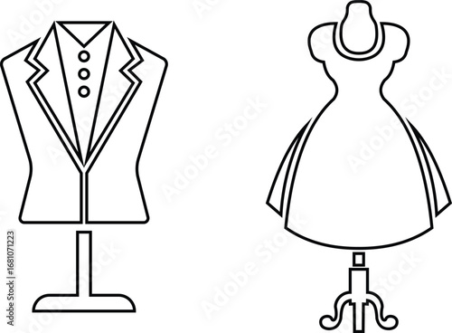 Black mannequin dress form icon set, tailoring dummy vector collection and fashion design tool group style, includes sewing torso, clothing display, garment stand