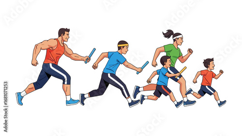 Family relay race: A colorful illustration depicting a family of six competing in a relay race, showcasing dynamic movement and teamwork, representing the spirit of sportsmanship and togetherness.
