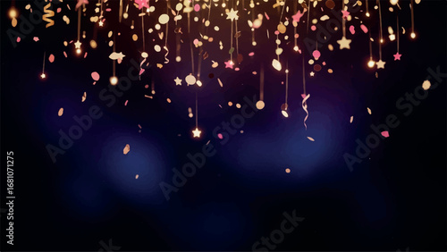 Golden and pink confetti and streamers falling from above against a dark blue gradient background