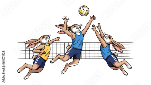 Volleyball Bunnies: A whimsical cartoon depicts three athletic rabbits engaged in a spirited game of volleyball, showcasing their teamwork, athleticism, and competitive spirit. 
