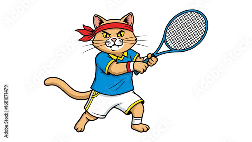 Feline Ace: A sporty feline in vibrant attire, intensely focused, ready to strike with a tennis racket, embodies both athleticism and charm.