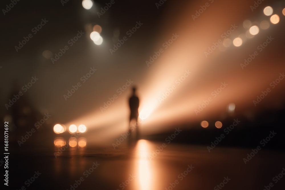 Fototapeta premium A hazy surreal image of a lone figure illuminated on stage evoking mystery and atmosphere