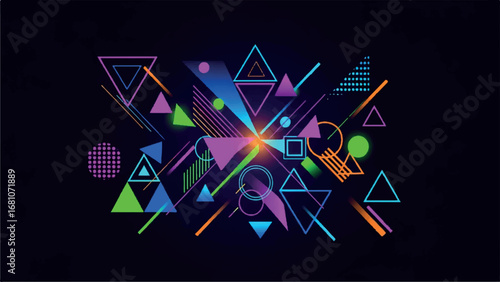 Abstract geometric shapes with neon colors and glowing lights on a dark background, retro style