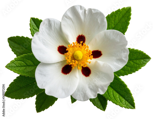 Cistus Ladanifer Bloom with Green Leaves, Isolated PNG
