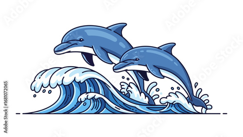 Joyful Dolphin Duo Leaping Through Waves: Two playful dolphins joyfully leap and dance amidst a cresting ocean wave, capturing the ocean's essence in this cheerful illustration.