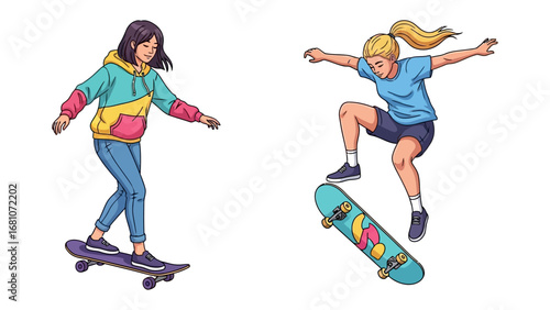 Skateboarding Adventure: Two skater girls demonstrate skillful moves on their skateboards, capturing the essence of freedom, dynamism, and the spirit of skateboarding culture. 