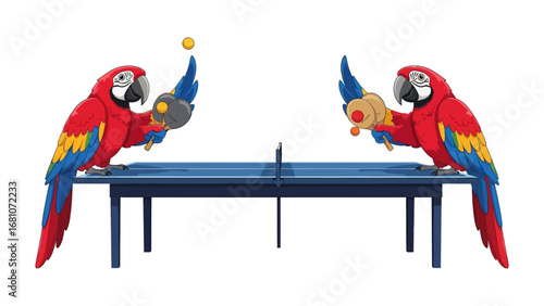 Parrots in the Game: Witness the vibrant, lively spectacle as two charismatic parrots engage in a thrilling match of table tennis.
