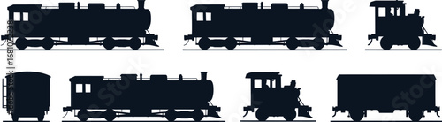 Train Silhouette Vector Set Locomotive and Railway Car Shapes Collection Railroad Transport Passenger Freight Engine Wagon Outline Graphics Elements
