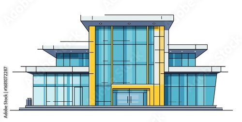 Illustration of Modern - Style Commercial Building: Design of Office Building with Glass Curtain Wall