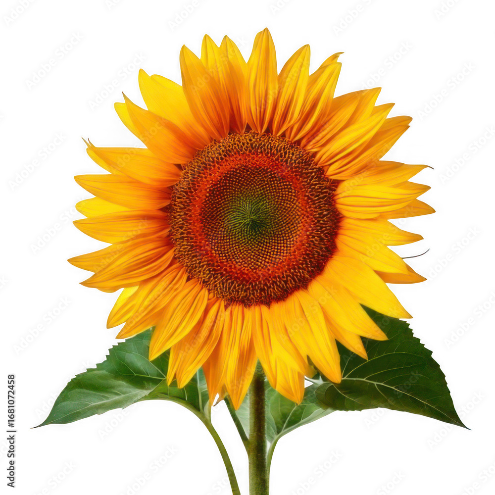 Fototapeta premium Sunflower with leaves, isolated on white and transparent background.