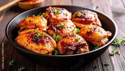 Roasted chicken thighs in a cast iron skillet