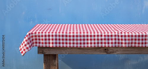 Red and White Checkered Tablecloth with Wooden Table: Element for Outdoor Dining and Leisure Scenes
