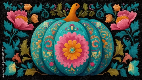 Fototapeta Naklejka Na Ścianę i Meble -  Floral painted pumpkin with vibrant Mexican folk art design and colorful flowers illustration