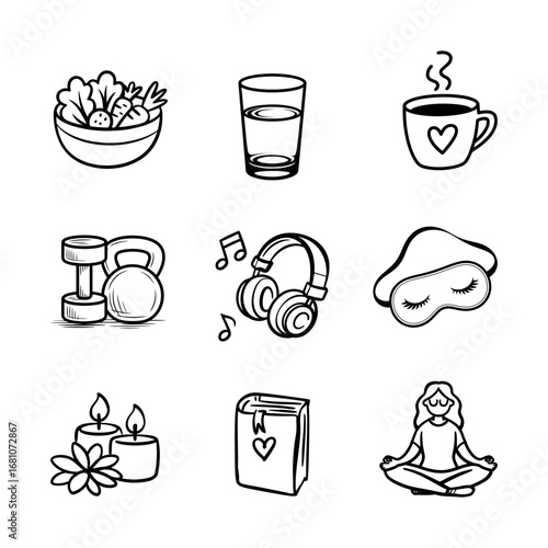 Wellness and Self-care Icon Set Vector