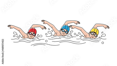 Dive Into The Water: Dynamic illustration of a group of swimmers, gracefully slicing through the water with focused determination, showcasing the essence of competitive swimming.