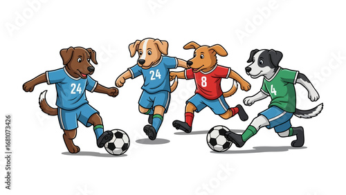 Playful Paws on the Pitch: A lively illustration capturing a spirited soccer match featuring four adorable canine athletes, each showcasing their dynamic skills with the ball