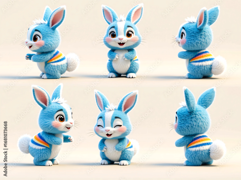 Fototapeta premium Cute Blue Rabbit with Rainbow Striped Sweater
