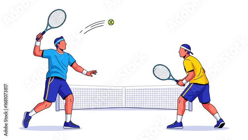 Tennis Match Duel: Two athletes engage in a vibrant tennis match, their focus and energy palpable as they strive for victory, embodying the spirit of sportsmanship.