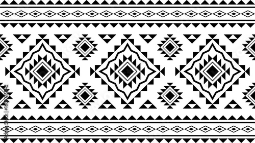 Ethnic pattern, Aztec native seamless pattern, Native American fabric, geometric pattern, black and white design, design for print, textile, background, vector.