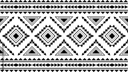 Ethnic pattern, Aztec native seamless pattern, Native American fabric, geometric pattern, black and white design, design for print, textile, background, vector.