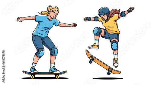 Skateboarders in Action: Capture the dynamism of youth, featuring two determined individuals mastering skateboarding, embracing the thrill and energy of urban sports culture.